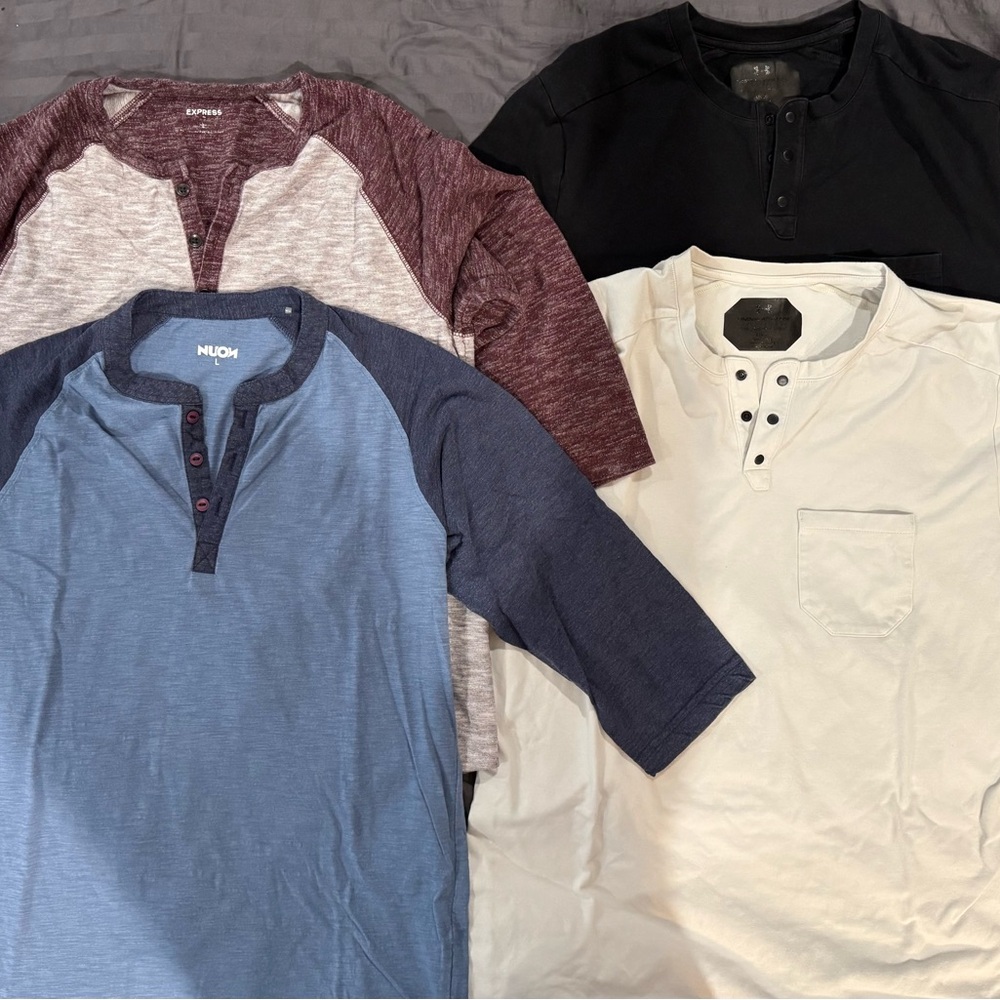 Men's 3/4 Raglan Henley Shirts - various brands and colors, lot of 4